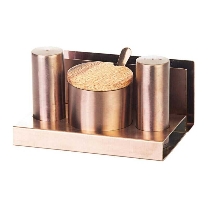 Biradlı GRV-113 Kapaklıl Yuvarlak Parlak Tuzluk Şekerlik Takımı, Bakır - Biradlı