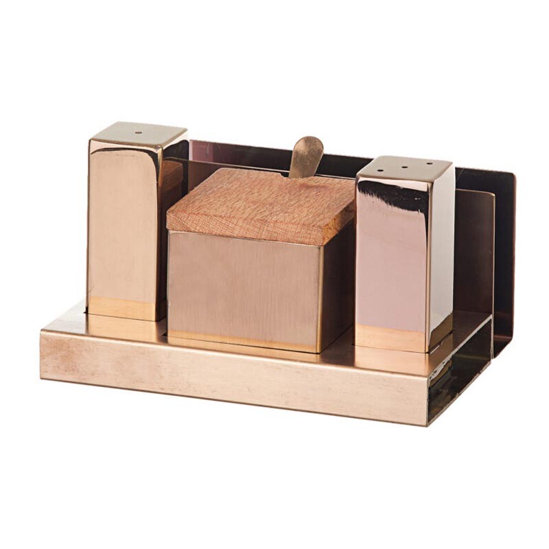 Biradlı GRV-114 Kapaklıl Kare Parlak Tuzluk Şekerlik Takımı, 3'lü - Biradlı