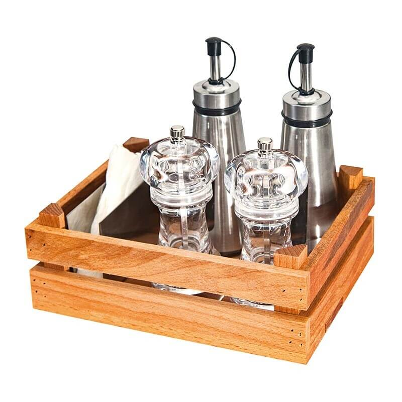Biradlı GRV-2416 Ahşap Kasalı Cam - Çelik Tuzluk Yağlık Takımı, 5 Parça - Biradlı