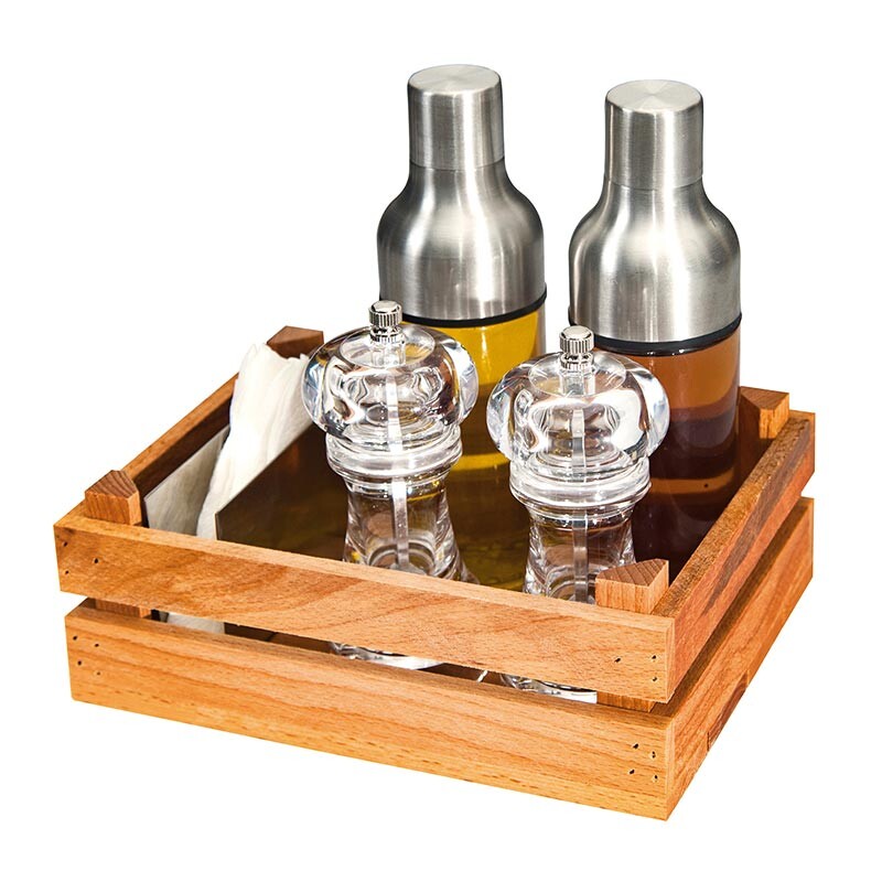 Biradlı GRV-2417 Cam - Çelik Tuzluk Yağlık Takımı, Ahşap Kasalı - Biradlı