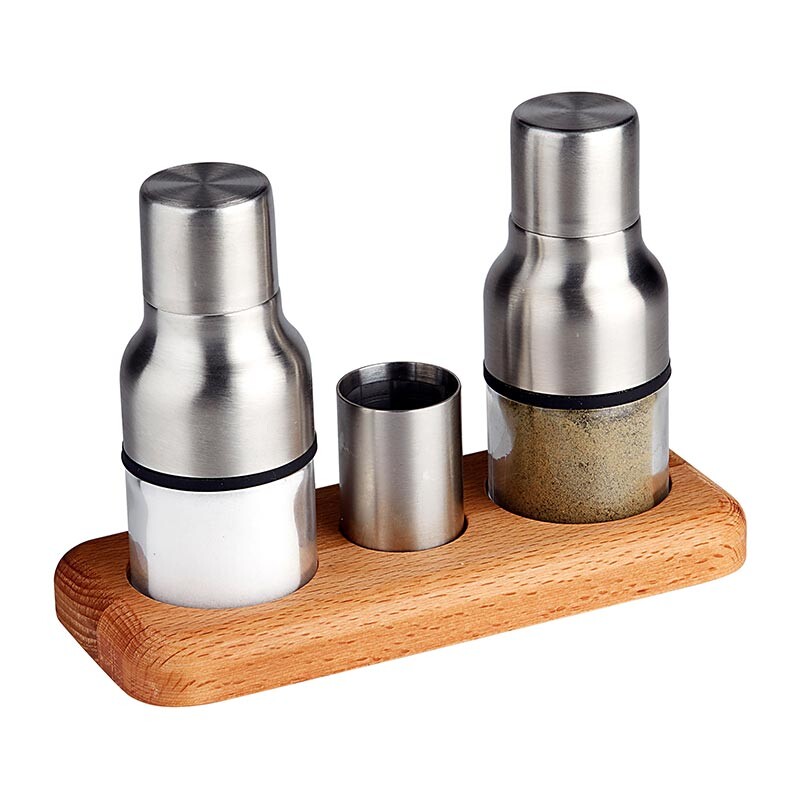 Biradlı GRV-244 Ahşap Altlıklı Tuzluk Takımı, 3'lü, 17.5x7.5 cm, Çelik - Biradlı