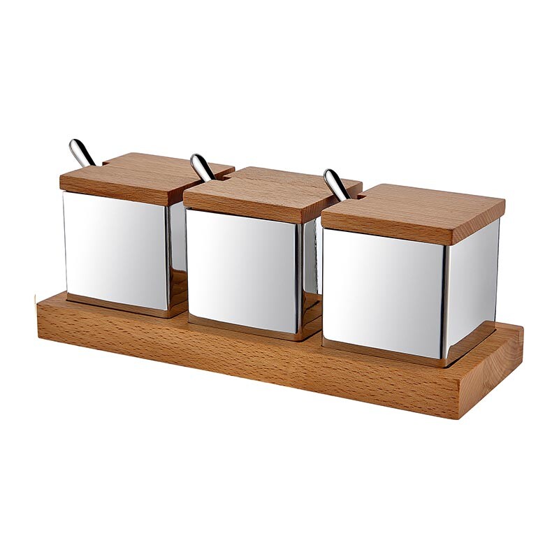 Biradlı GRV-56 Ahşap Standlı Kare Baharatlık Takımı, 3'lü, Mat - Biradlı