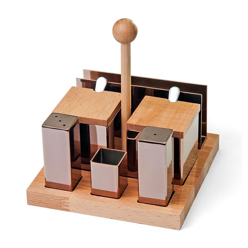 Biradlı GRV-69 Ahşap Standlı Kare Tuzluk Baharatlık Takımı, 6'lı, - Biradlı