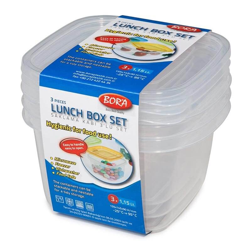 Bora Plastik 3'lü Saklama Kabı, Kare, 1150 ml, Şeffaf - Bora Plastik