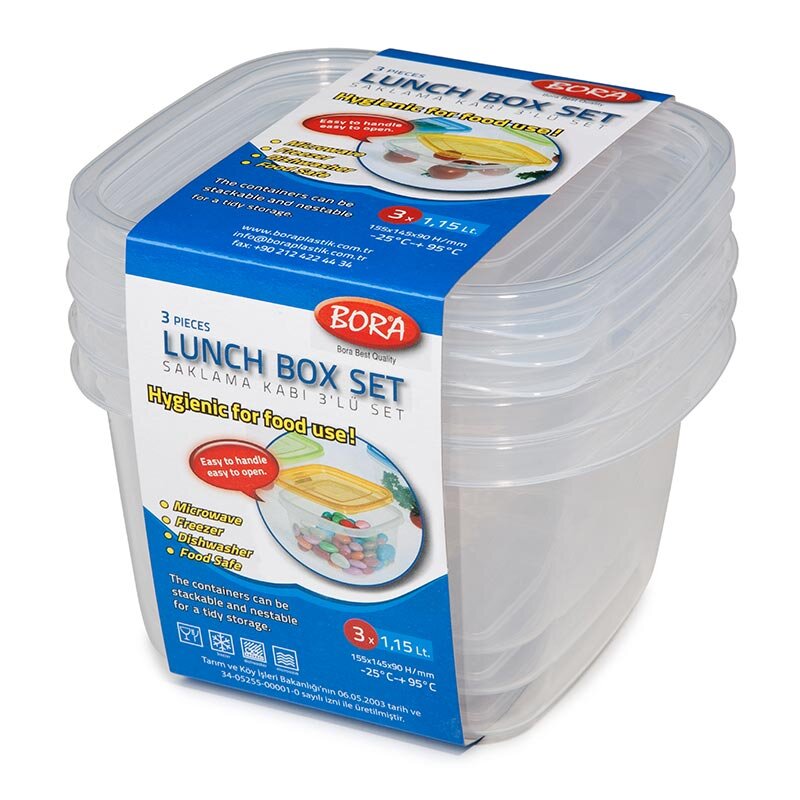 Bora Plastik 3'lü Saklama Kabı, Kare, 1150 ml, Şeffaf - Bora Plastik