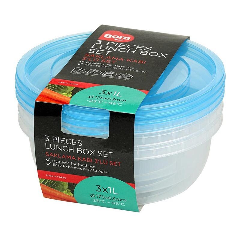 Bora Plastik 3'lü Saklama Kabı, Yuvarlak, 1000 ml, Şeffaf Gövde - Bora Plastik