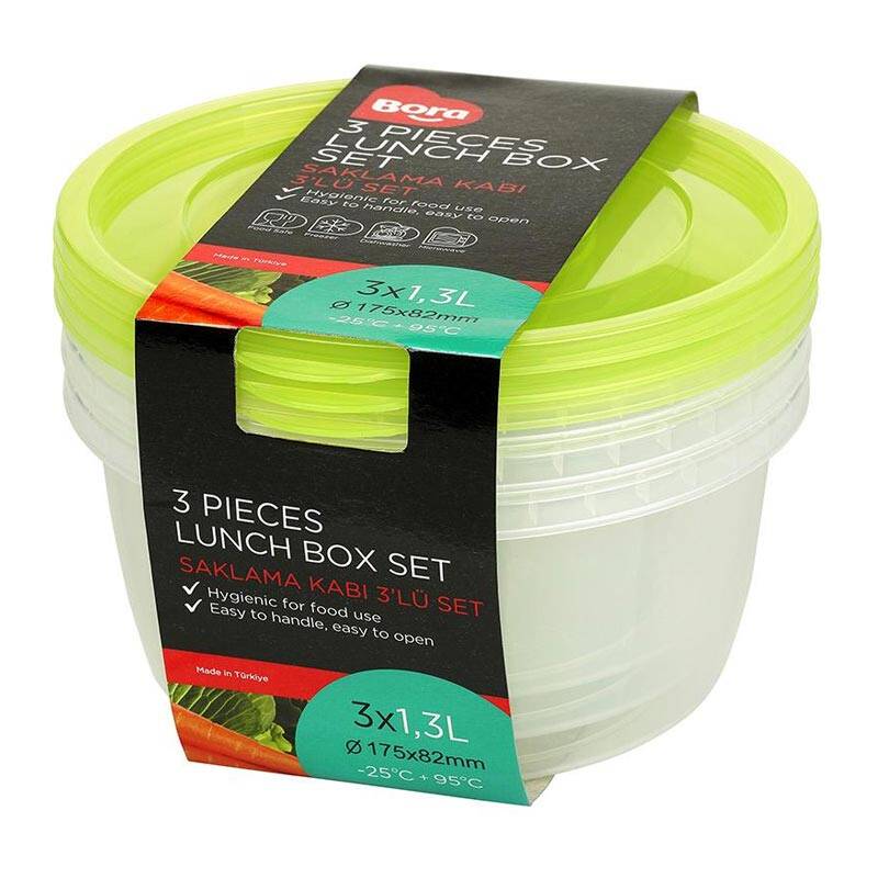 Bora Plastik 3'lü Saklama Kabı, Yuvarlak, 1300 ml, Şeffaf Gövde - 1