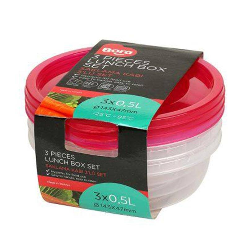 Bora Plastik 3'lü Saklama Kabı, Yuvarlak, 500 ml, Şeffaf Gövde - 1