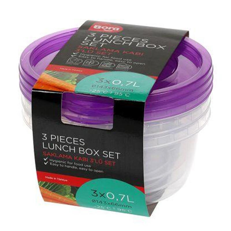 Bora Plastik 3'lü Saklama Kabı, Yuvarlak , 700 ml, Şeffaf Gövde - Bora Plastik