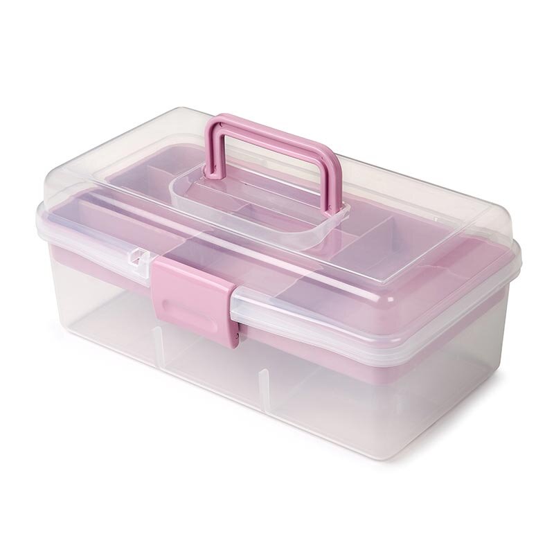 Bora Plastik Çok Amaçlı Hobi Kutusu, Kulplu, Şeffaf-Pembe - Bora Plastik