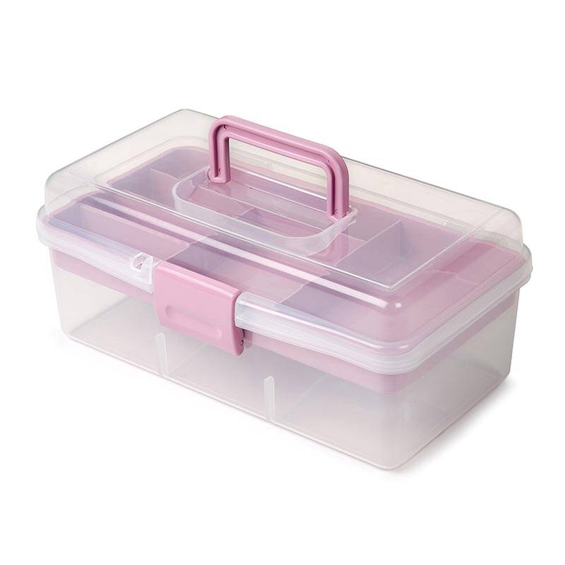 Bora Plastik Çok Amaçlı Hobi Kutusu, Kulplu, Şeffaf-Pembe - 1