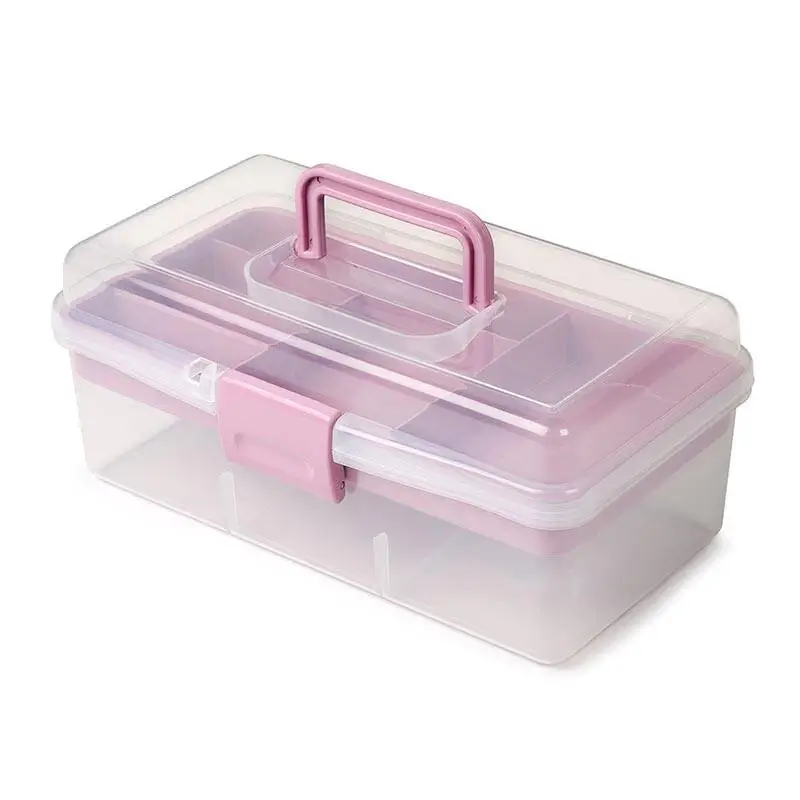 Bora Plastik Çok Amaçlı Hobi Kutusu, Kulplu, Şeffaf-Pembe - 1