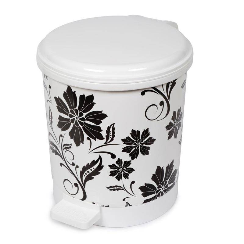 Bora Plastik Pedallı Kapaklı Çöp Kovası, Çiçek Desenli, No: 0, 3 Lt, Beyaz Gövde - 1