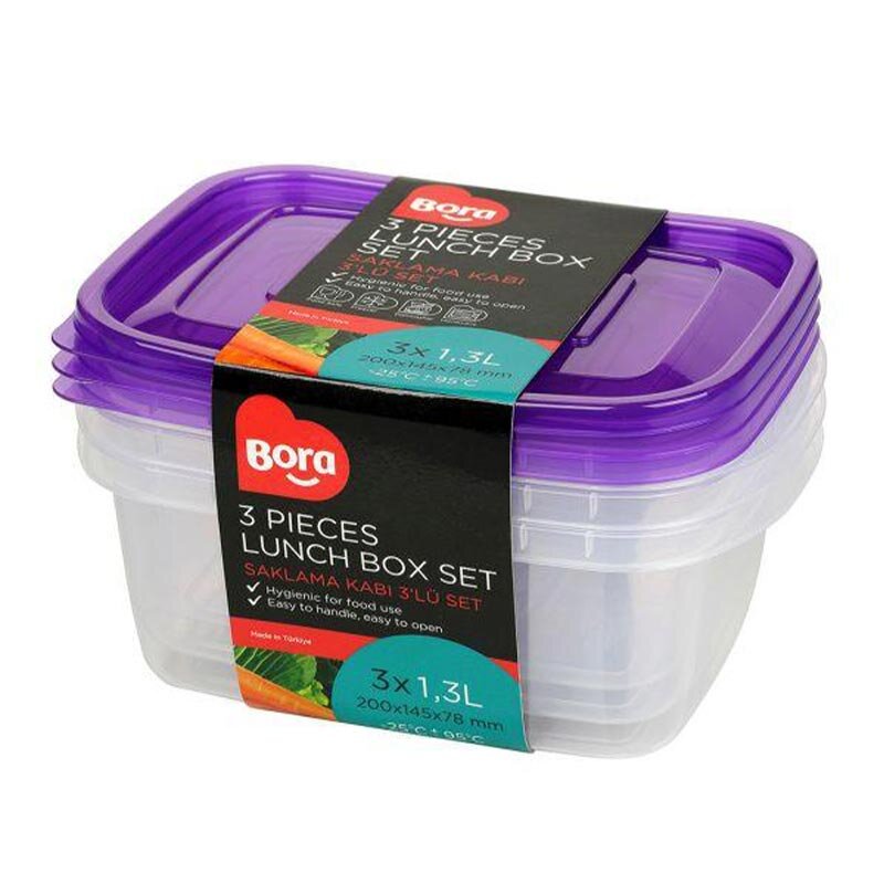 Bora Plastik 3'lü Saklama Kabı, 1300 ml, Şeffaf Gövde - Bora Plastik
