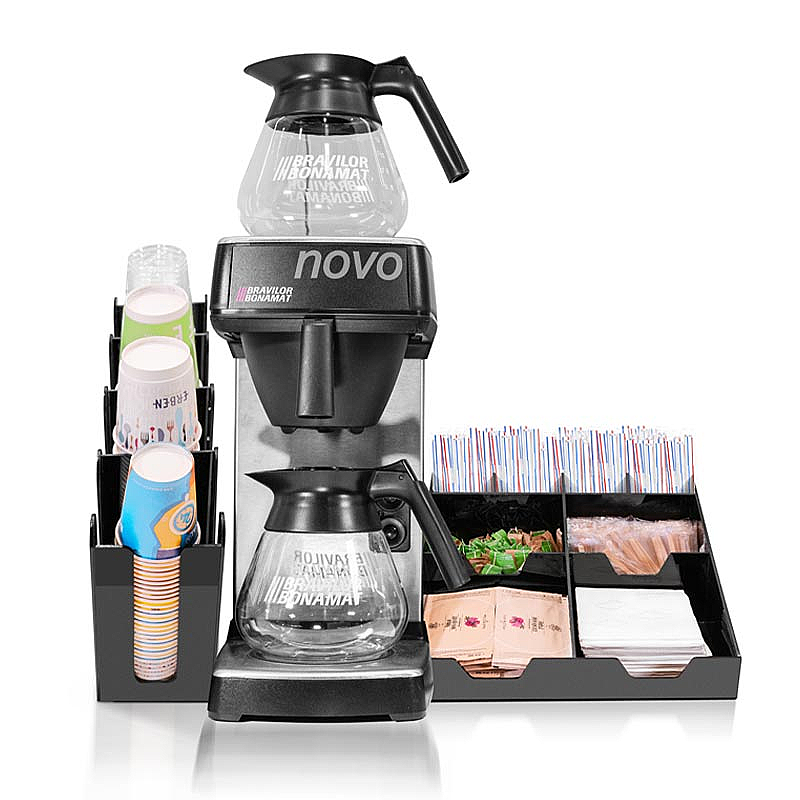 Bravilor Bonamat Novo Filtre Kahve Makinesi + Bardaklık Standı + Peçete ve Karıştırıcı Standı, Parlak Siyah Stant - Bravilor Bonamat