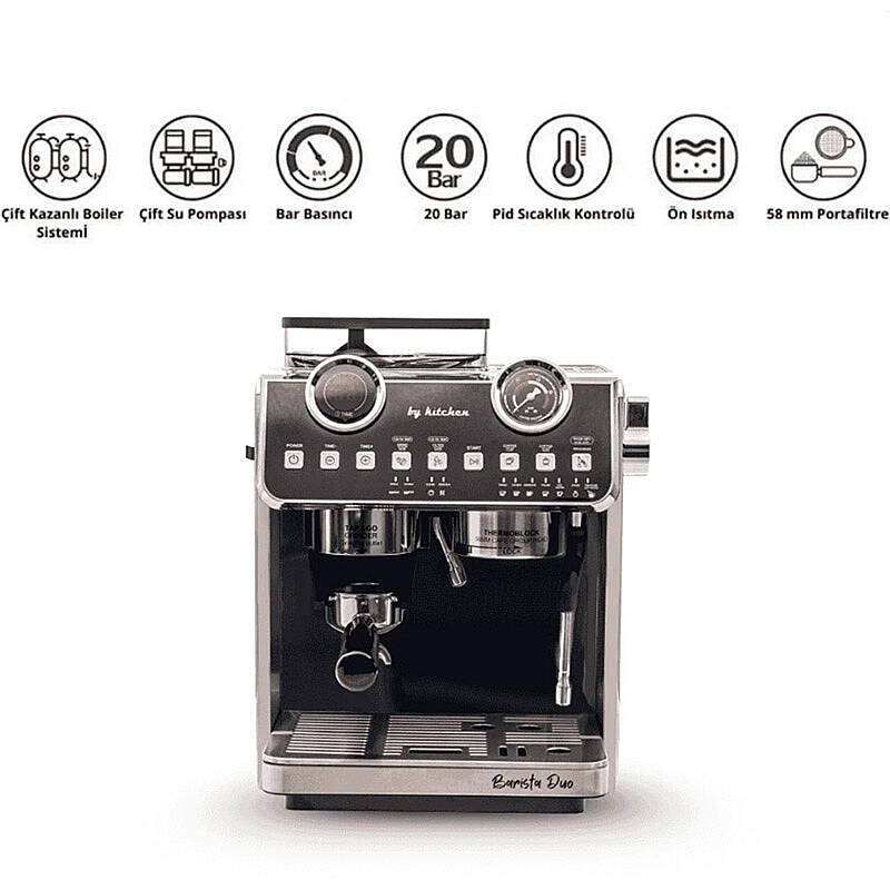 By Kitchen Barista Duo Ev Tipi Öğütücülü Espresso Kahve Makinesi, Paslanmaz Çelik - 2