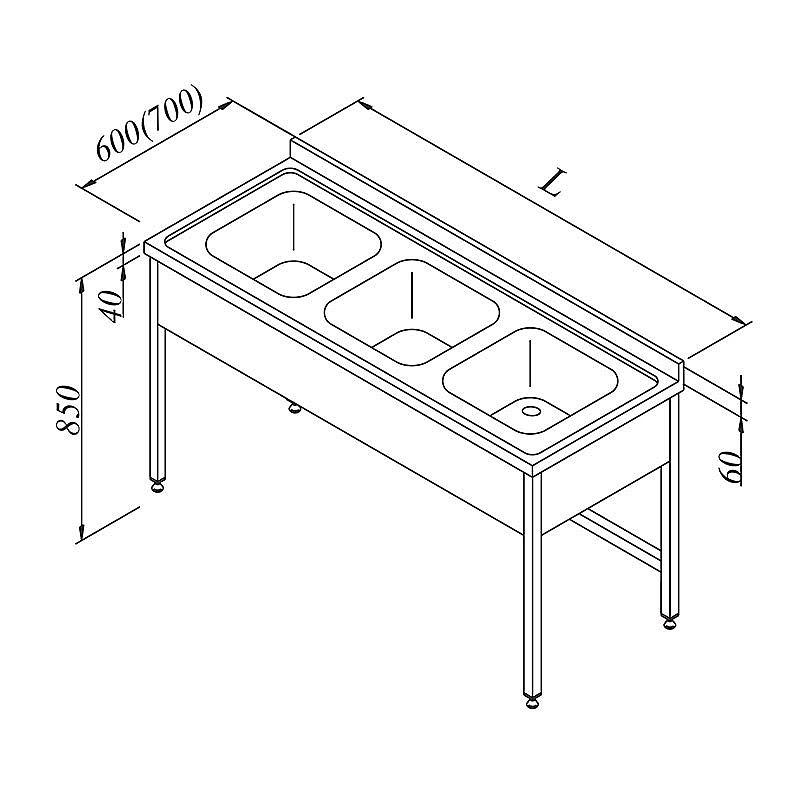 Öztiryakiler 3 Gözlü 3 Perdeli Evyeli Tezgah, 180x60 cm, Paslanmaz Çelik - Öztiryakiler