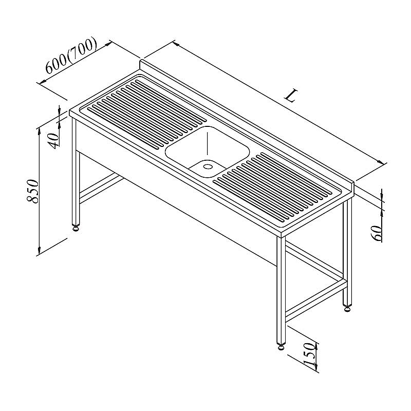Öztiryakiler 3 Perdeli Evyeli Tezgah, 1G/2D, 160x60 cm, Paslanmaz Çelik - 1