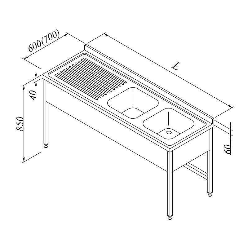 Öztiryakiler 3 Perdeli Evyeli Tezgah, Sol, 2G/1D, 190x60 cm, Paslanmaz Çelik - 1
