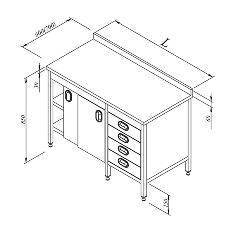 Öztiryakiler Ara Raflı Çalışma Tezgahı, Dolaplı, Çekmeceli, Paslanmaz Çelik, 120x60 cm - Öztiryakiler
