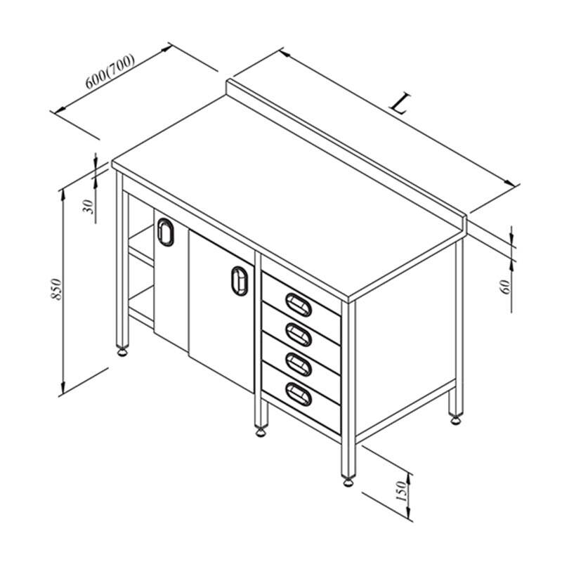 Öztiryakiler Ara Raflı Çalışma Tezgahı, Dolaplı, Çekmeceli, Paslanmaz Çelik, 120x60 cm - 1