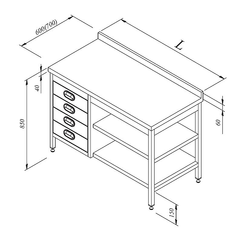 Öztiryakiler Ara Raflı Çekmeceli Sırtlı Çalışma Tezgahı, 160x70 cm, Paslanmaz Çelik - Öztiryakiler