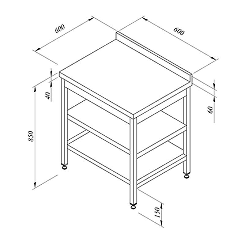 Öztiryakiler Ara Raflı Sırtlı Çalışma Tezgahı, 60x60 cm, Paslanmaz Çelik - Öztiryakiler