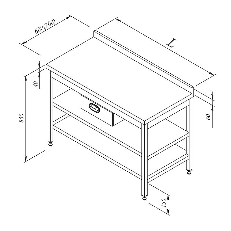 Öztiryakiler Ara Raflı Tek Çekmece Sırtlı Çalışma Tezgahı, 190x60 cm, Paslanmaz Çelik - 1