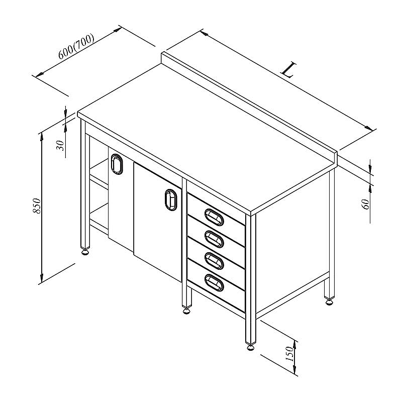 Öztiryakiler Dolaplı Ara Raflı Çekmeceli Çalışma Tezgahı, 140x60 cm, Paslanmaz Çelik - Öztiryakiler