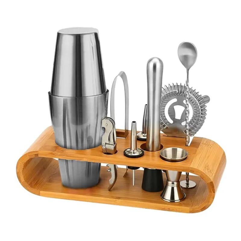 Vosco VB-KB10 10 Parça Ahşap Standlı Boston Shaker Kokteyl Seti, Paslanmaz Çelik, 750 ml - Vosco