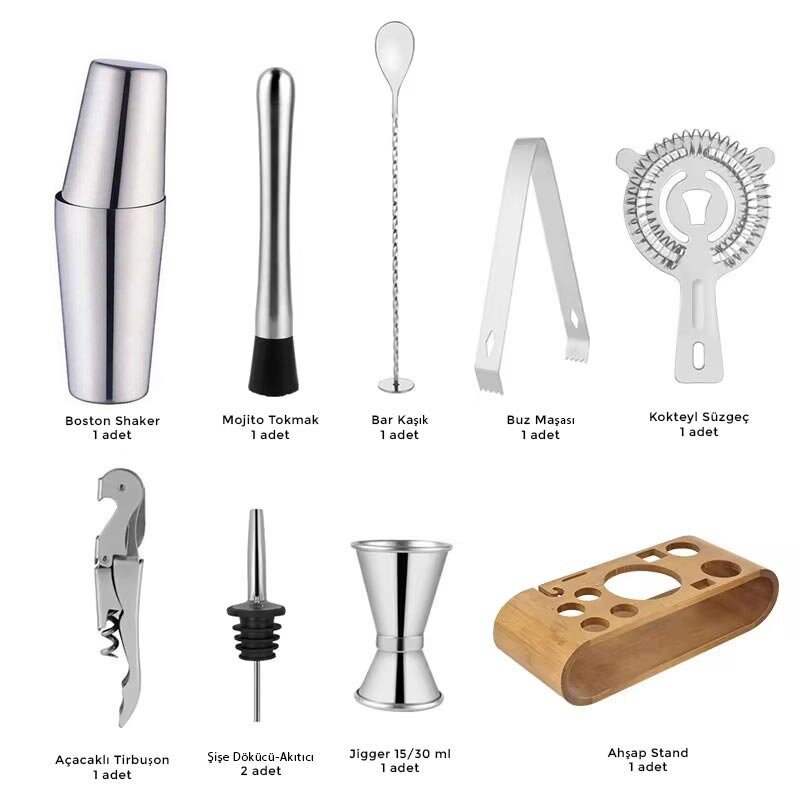 Zicco JKK-03 Profesyonel Bar Kokteyl Seti, Ahşap Standlı, 10 Parça, 750 ml - Zicco (1)